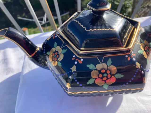 Antique Jackfield 1800's  Victorian black and gilt hexagonal teapot Excellent!