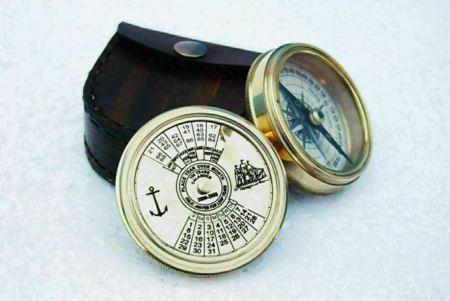 Nautical BRASS ROBERT FROST CALENDAR 50 YEAR COMPASS WITH LEATHER BOX..