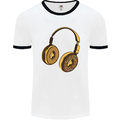 Donut Headphones Music DJ DJing Funny Mens White Ringer T-Shirt