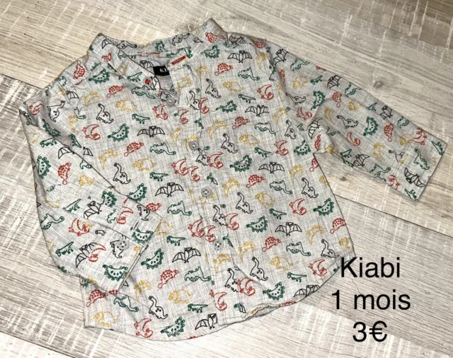 Kiabi Bébé Garçon 1 MOIS : Chemise Grise Motif Dinosaure TBE