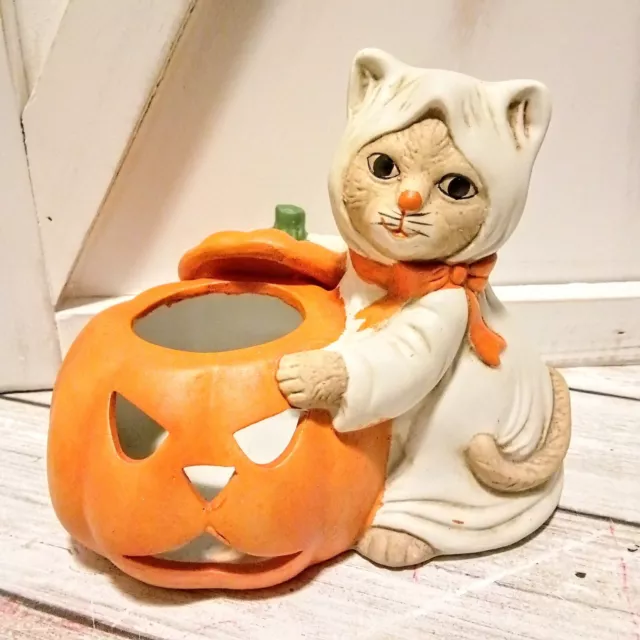 VTG Ceramic Jack-O- Lantern & Cat in Ghost Sheet Votive Candle Holder Halloween