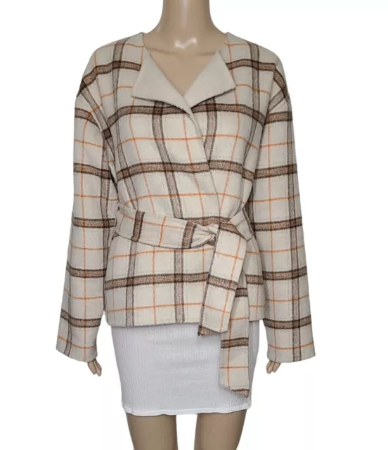 MICHAEL STARS Ivory Plaid Reversible Double Faced Wool Blend Belted Jacket S