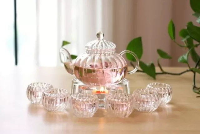 8 Piece Glass Tea Set 600ml Pumpkin Teapot With Infuser + Teapot Warmer + 6 Cup