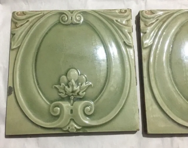 Vintage Ceramic Beautiful Green Porcelain Tiles  2 Pieces 2