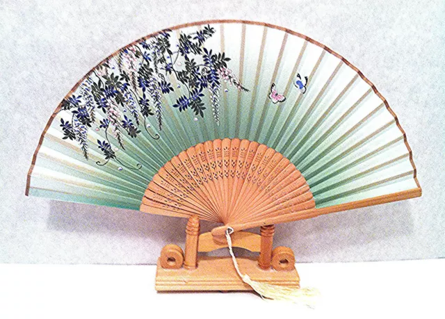 Chinese bamboo Folding Handfan Hand Fan W Wisteria Flower and Butterfly Design