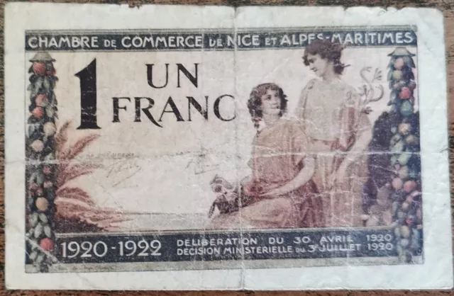 Billet 1 franc Chambre de commerce de NICE 1920 série 74  n°0024447