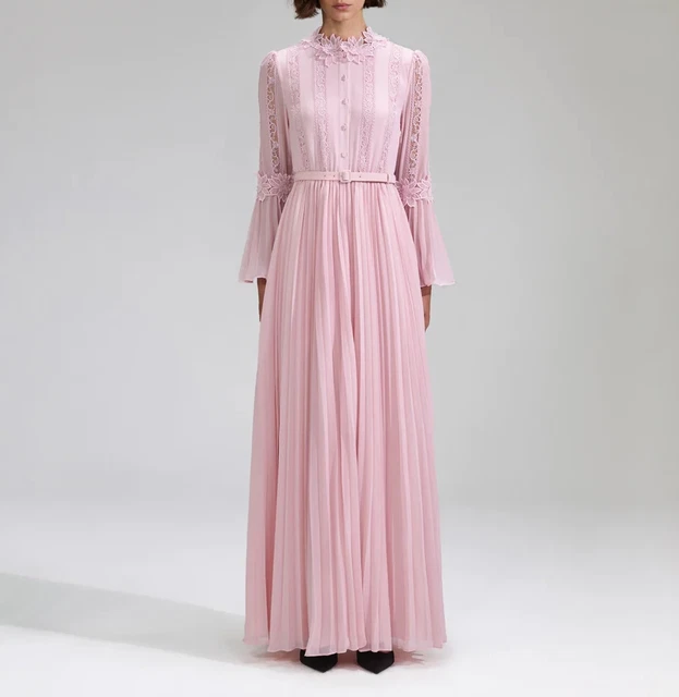 Self-Portrait Chiffon Lace Maxi Dress Pleated Pink Dress for Women Size UK 10-12