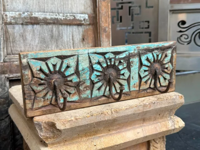Ancient Wooden Old Hand Crafted Floral Painted Wall Hanging 3 Hook Hanger Panel