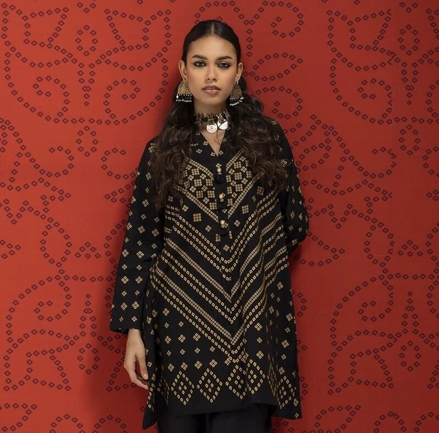 Kurta/Kameez originale stampato Khaadi nuovo con etichette nero/oro aa