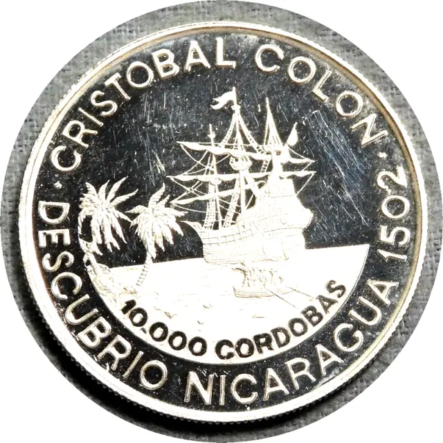 elf Nicaragua 10,000 Cordobas 1989 Silver Proof Discovery 1502 Columbus Ship