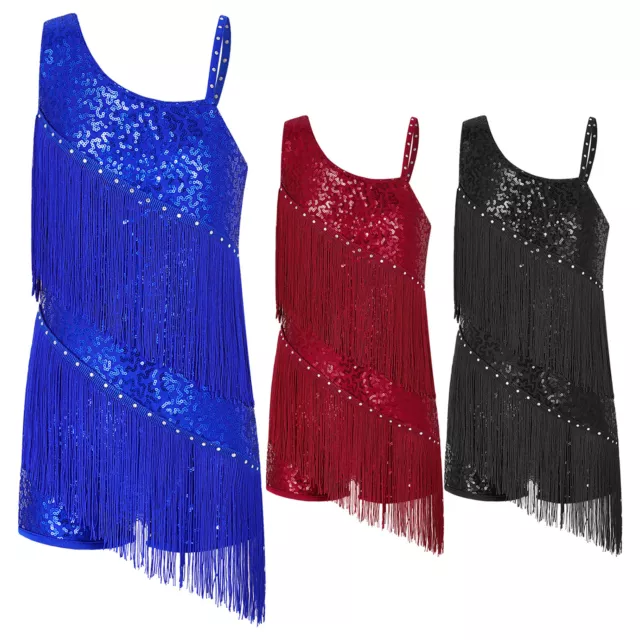 Girls Latin Dance Dress Costumes Sequins Tassel  6-16 Years Kids Dancing Outfits