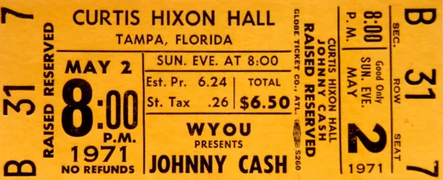 Johnny Cash Concert Ticket 1971 Tampa Florida Curtis Hixon Hall