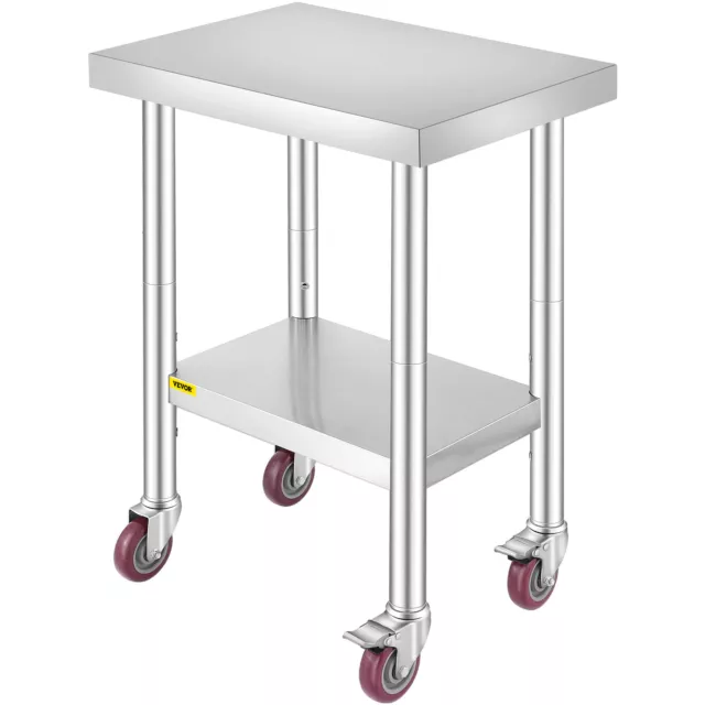 VEVOR Stainless Steel Work Pre Table with Wheels 24X18inch Adjustable Undershelf
