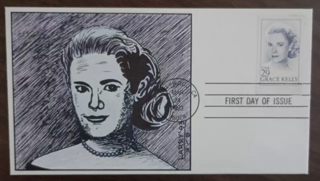 FDC-004 1993 GRACE KELLY Stamp FDC 100% HP LARRY JENKINS * Pen & Ink Cachet  2/5