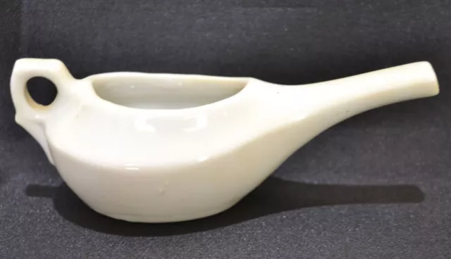 Antique Pap Boat Invalid or Infant Baby Feeder White Ceramic Pottery 5 1/2" Long