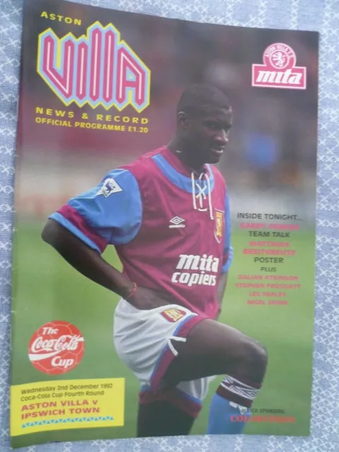 Aston Villa v Ipswich Town Programme ( Coca Cola Cup 1992/93 Season)