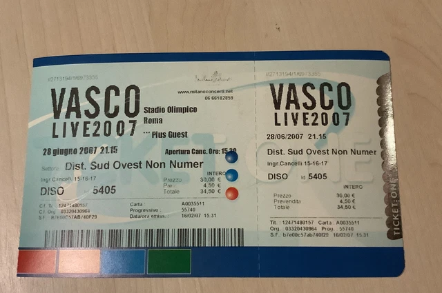 Vintage Biglietto ticket VASCO ROSSI LIVE 2007 Roma Stadio Olimpico