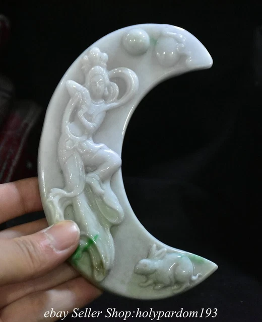 5.4" Old Chinese Natural Emerald Jade jadeite Carved Moon Chang O Rabbit Statue