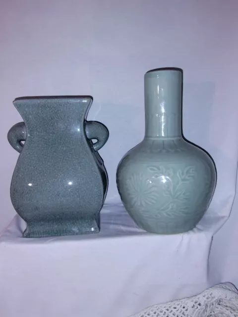 Chinese Celedon Pair of Vases Blue/Sea Foam Green One with Handles