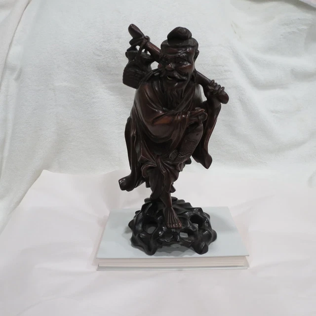 Vintage Hand Carved Wood Asian Wise Old Man Fisherman Statue Figurine 11”