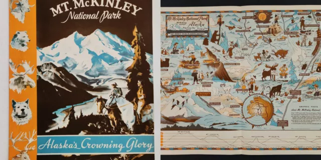 1937 vintage ALASKA original A FRIENDLY MAP Mt MCKINLEY NATIONAL PARK travel