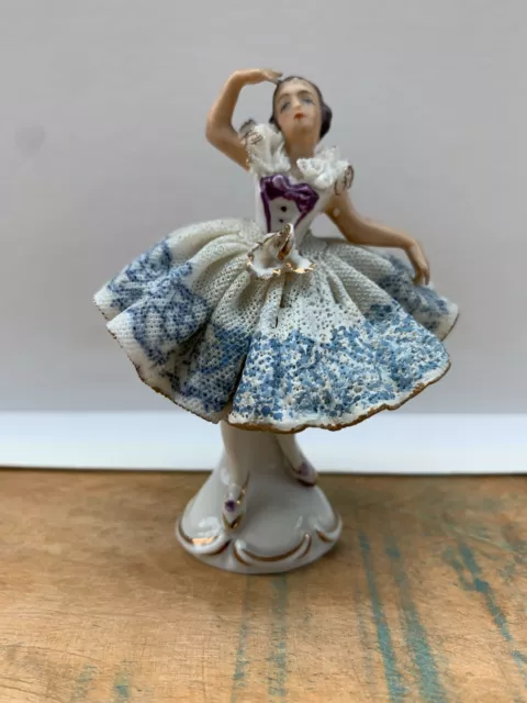 Dresden Lady in crinoline dress. Lace figurine. Perfect Condition. 8.5 cm high.