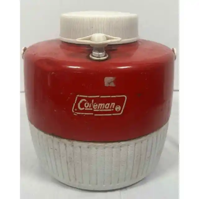 Vintage Coleman 1 Gallon Red White Water Cooler Jug Dispenser w Cup Lid Made USA