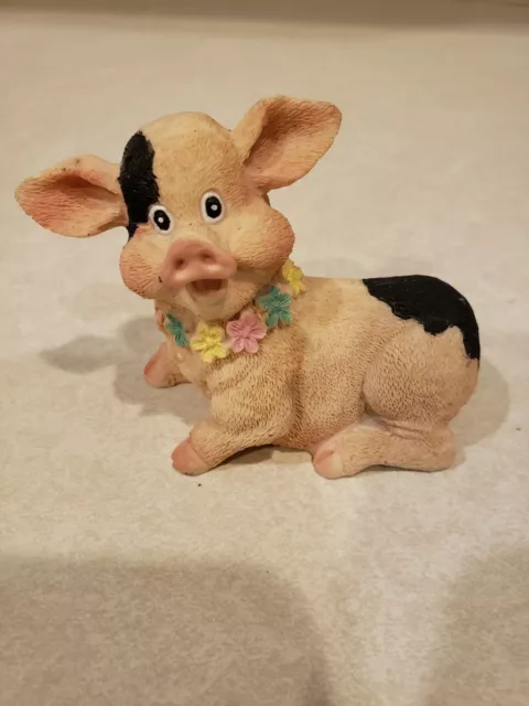 Vintage Pig Figurine Happy Smiling Flowers Resting Cute little Piggy