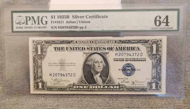 1935B $1 Silver Certificate Fr#1611 Julian Vinson PMG 64 Choice Uncirculated 