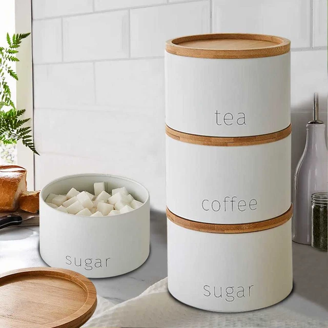 3 PIECE JAR With Wooden Lid Tea Coffee Sugar Canister Storage Container