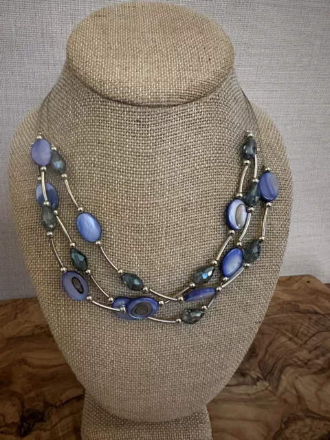 17” Silver Tone & Blue Beaded Triple Strand Necklace Adjustable