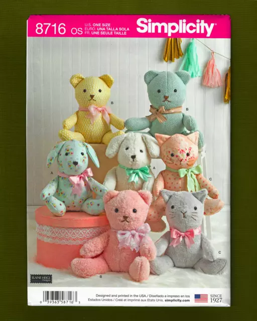 Dog Bear Cat Stuffed Toys Sewing Pattern~Elaine Heigl (14" Tall) Simplicity 8716