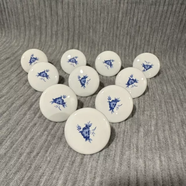 White Porcelain Drawer/Cabinet Knobs/Pulls UPCYCLE LOT OF 10 Blue Flowers JAPAN