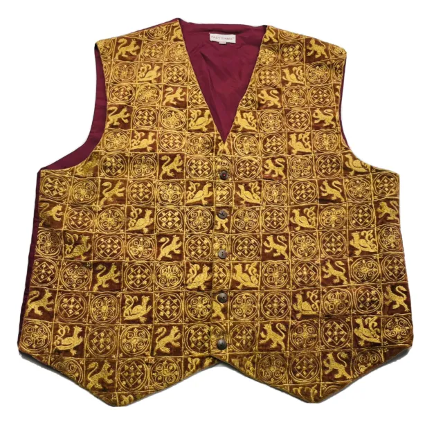 Past Times Vest Waistcoat Mens L/XL Gold Burgundy Velvet Embroidered Crests