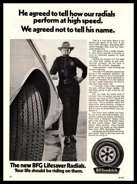 1970 B.F. Goodrich BFG Lifesaver Radial Tires Masked State Trooper Print Ad