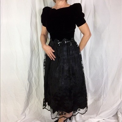 VTG Scott McClintock Black Velvet Lace Sequins Formal Cocktail Dress Goth Prom