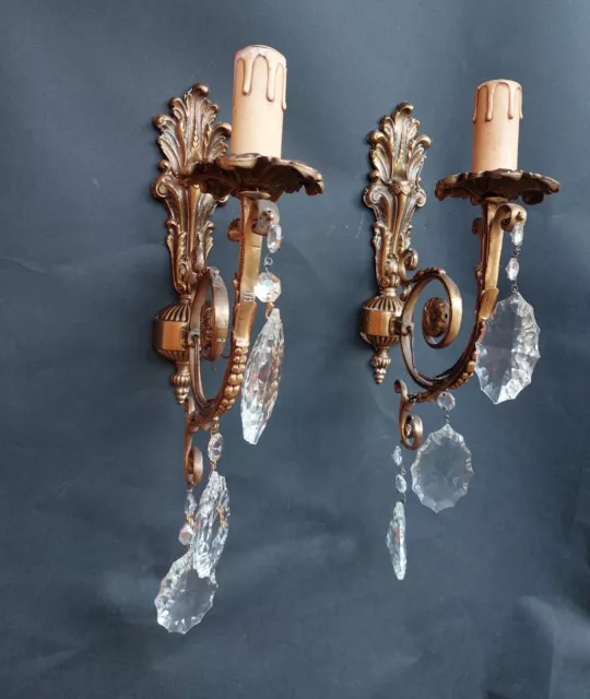 Beautiful Pair Vintage French 1 Arm Brass Leaf Crystal Wall Lights Sconces 60s