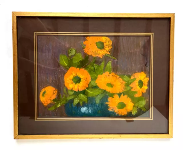 Tableau peinture à la craie grasse, bouquet de fleur jaune cadre bois doré 42x33