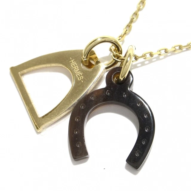 Second Hand Hermes Amulet Equestre Necklace Gold Dark Brown Buffalo Horn Palma B