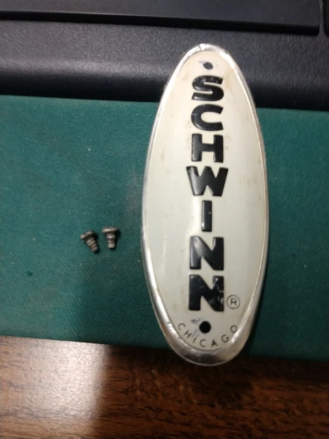 Vintage Schwinn Black White Color Bicycle Crate Headbadge Label Metal