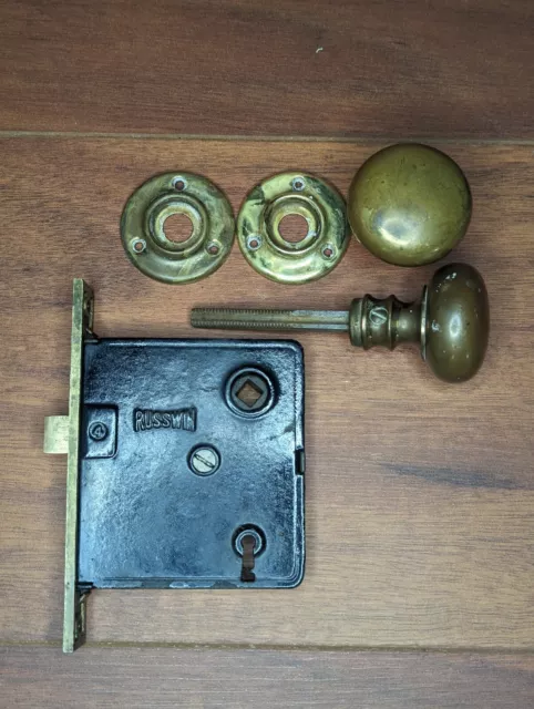 Circa 1930s Russwin 0389 Mortise Lock Door Knob Brass Reversible Handing Antique