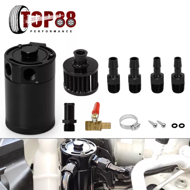 Black Universal 2-Port Oil Catch Can Tank Reservoir +Drain Valve Breather Baffle