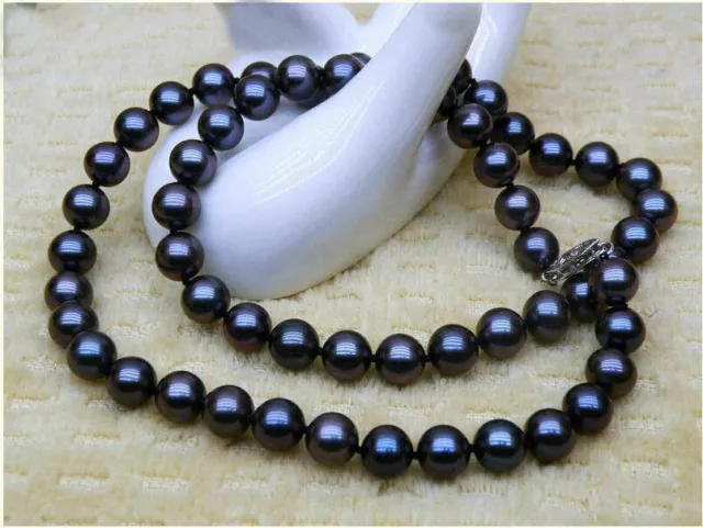 Stunning AAA+ 7-8mm REAL natural Tahitian black pearl necklace 18" 14k gold