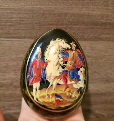 Russian Hand Painted Signed Lacquer Wood Decorative Egg Black