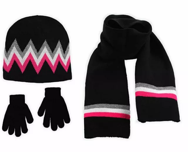 S.W.A.K. Kids Girls Knit Beanie Hat Scarf and Gloves Set OSFM New
