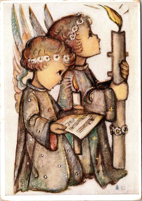 Angel Girls Lit Candle 5504 Ars Sacra Hummel Postcard Lithograph Print Card