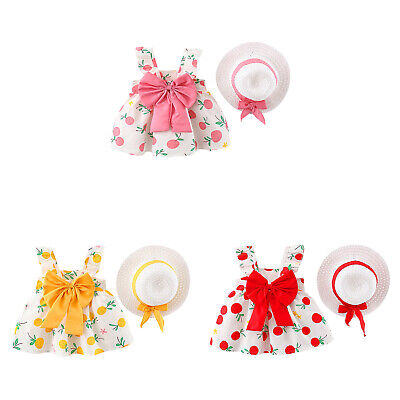 Toddler Baby Girls Summer Outfits Big Bowknot Front Dress Hat Princess Clothes
