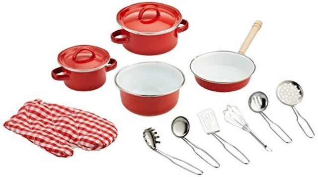 8964 Batteria da cucina rossa small foot, pentole in metallo per le cucine da gi