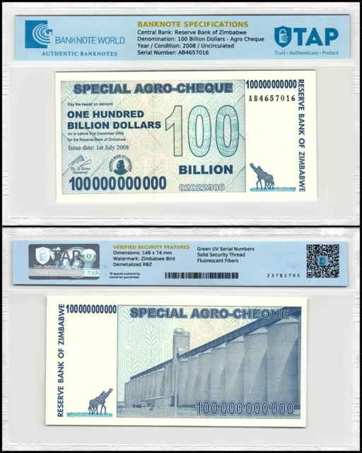 Zimbabwe 100 Billion Dollars Agro Cheque, 2008, P-64, UNC, Authenticated