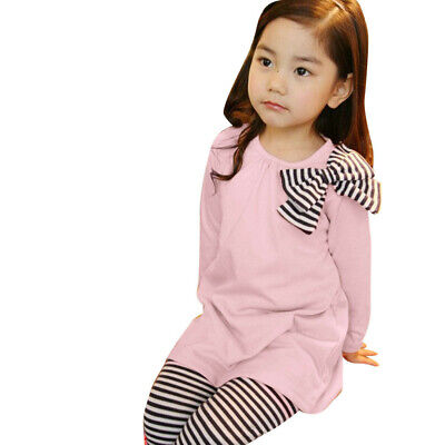 Toddler Baby Girl Kids Clothes Long Sleeve Bow T-shirt + Stripe Pants Outfits Set 3